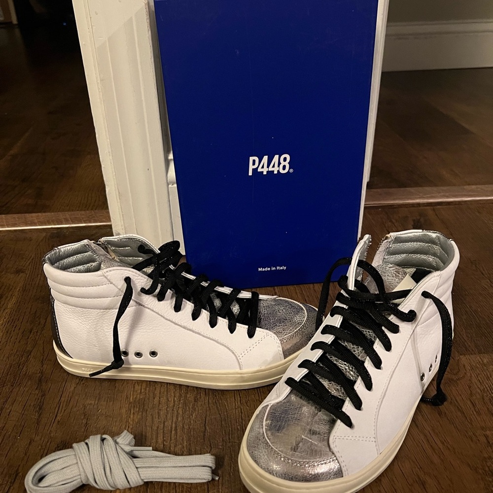 P448 White and Metallic Silver High-Tops